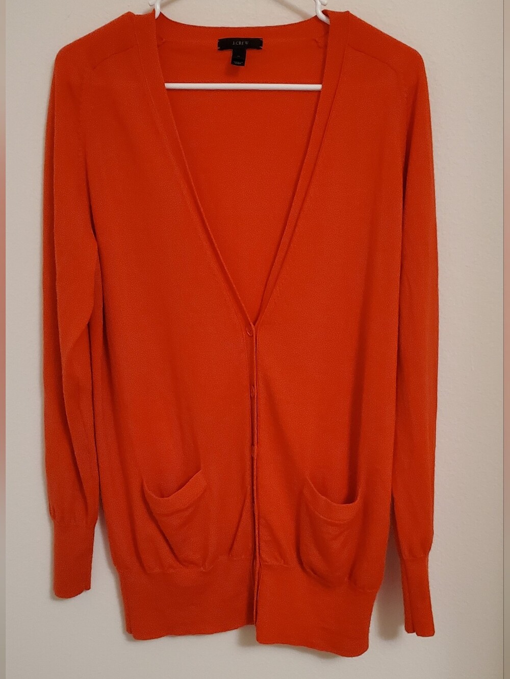 J. Crew Bright Orange V-Neck Button Cardigan 100% Merino Wool Quiet Luxury Fall